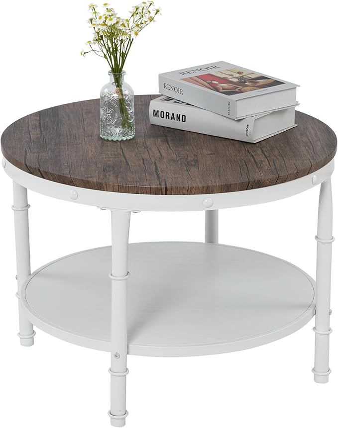 VINGLI 25.6" Dark Walnut White Round Farmhouse Coffee Table, 2-Tier Storage Wood Center Circle Accent Table for Living Room, Bedroom, Apartment, Studio and Small Spaces, Sturdy Metal Frame