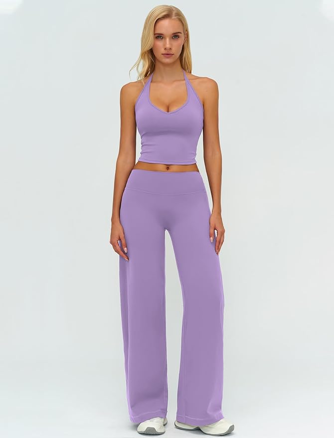 QBGJTD Womens Workout Sets Two Piece Spaghetti Straps Crop Top Matching Straight Leg Pants Gym Work Pilates Outfits