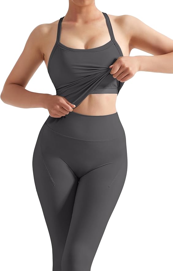 SUUKSESS Women 2 Piece Workout Sets Compression Tummy Control Leggings with Pockets Halter Built in Bra Tank Tops