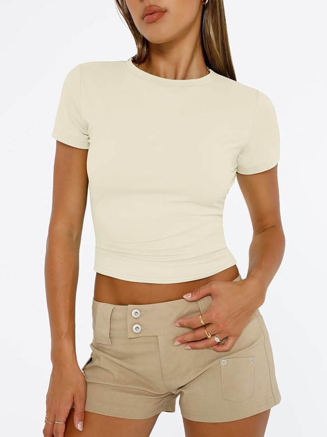 Trendy Queen Womens Short Sleeve T Shirts - Buttery Soft Summer Crop Tops Slim Fit Y2k Basic Tees for Workout