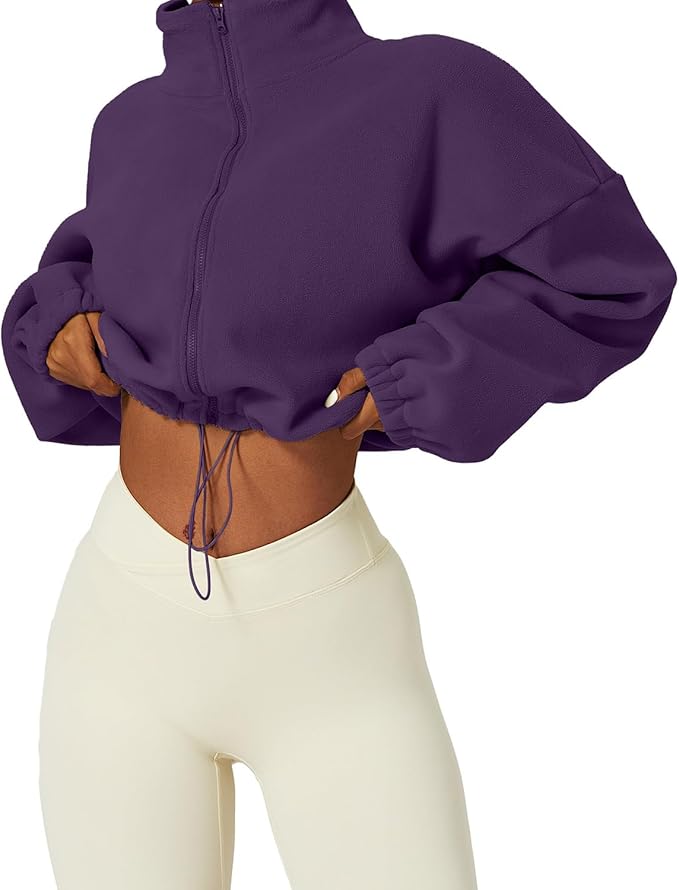 QINSEN Women's Full Zip Fleece Short Jacket Warm Winter Long Sleeve Stand Collar Sherpa Crop Coat