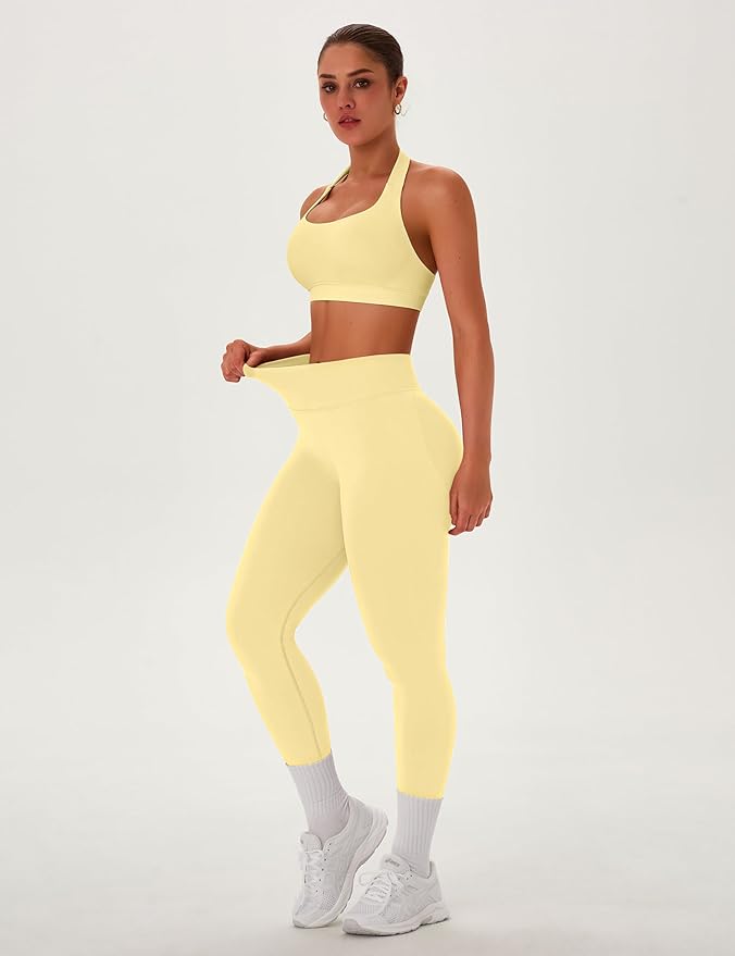 TDIFFUN Women Workout Sets 2 Piece Seamless Scrunch Butt Leggings Padded Halter Sports Bra Matching Set Gym Yoga Outfits