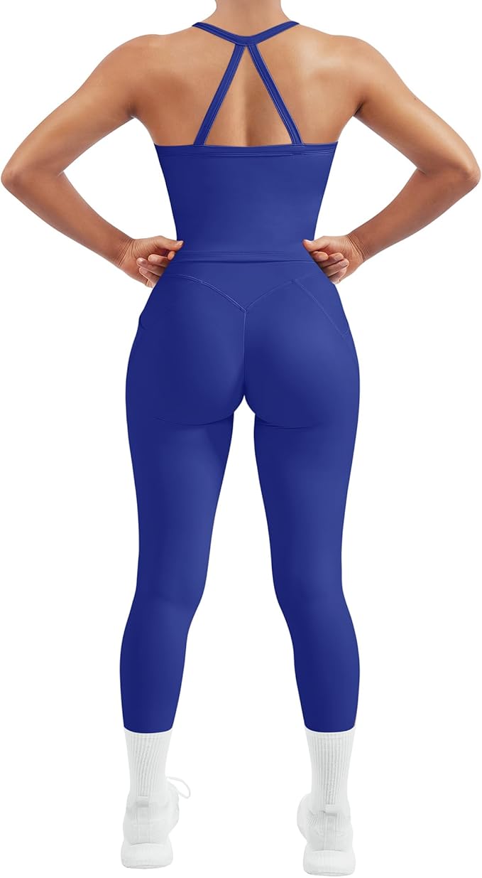 SUUKSESS Women 2 Piece Workout Sets Compression Tummy Control Leggings with Pockets Halter Built in Bra Tank Tops