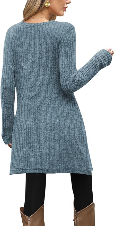 Poetsky Women Long Sleeve Tunic Tops to Wear with Leggings Side Buttons Long Shirts Rib Sweater Dress with Pockets S-3XL