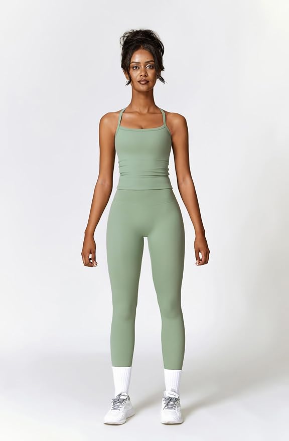 QBGJTD Womens Workout Sets Two Piece Cross Back Tank Top Matching High Waist Leggings Sets Gym Outfits Work Out Clothes