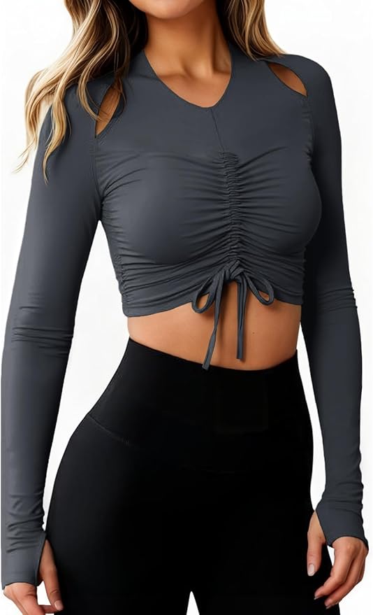 Fisoew Womens Long Sleeve Ruched Tops Workout Slim Fit Cropped Drawstring Shirts Gym Yoga Outfits
