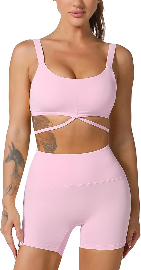 ABOCIW Workout Sets for Women 2 Piece Twist Front Halter Sports Bras High Waist Biker Shorts Exercise Gym Yoga Outfit