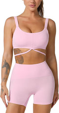 ABOCIW Workout Sets for Women 2 Piece Twist Front Halter Sports Bras High Waist Biker Shorts Exercise Gym Yoga Outfit