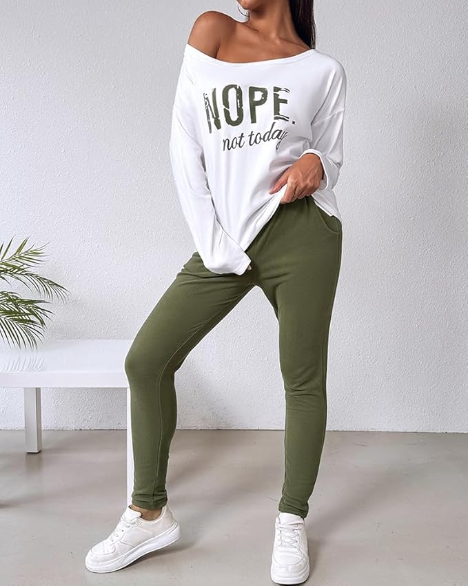 CHICME Women Tracksuit Fall 2 piece Outfits Off The Shoulder Long Sleeve Tops and Pants Set Travel Outfits