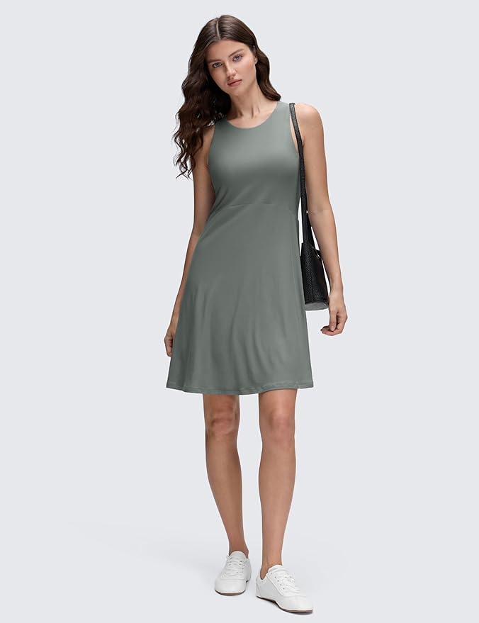 CRZ YOGA Cloudweight Double Layer Midi Dress for Women - Crewneck Flowy Tank Top Sleeveless Outfits for Casual Travel