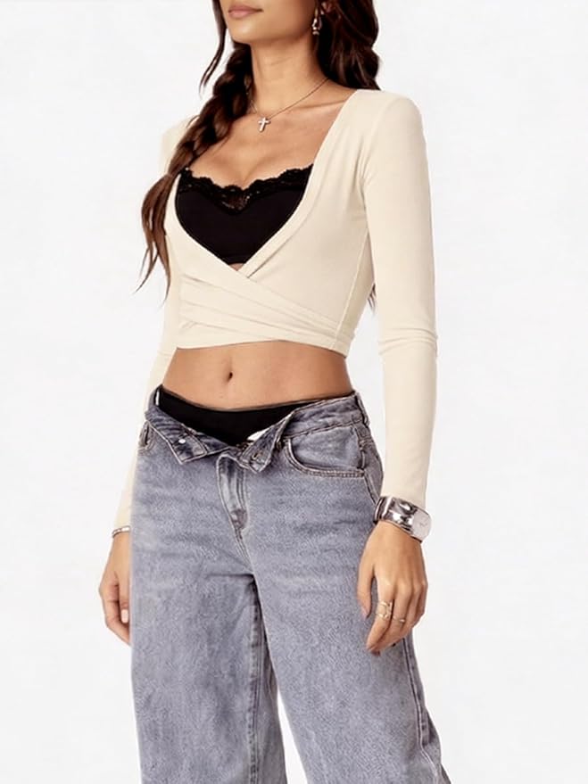 Danysu Ballet Wrap Tops Long Sleeve Cross Tie Crop Shirts Deep V-Neck Dance Clothes Fall Cardigans