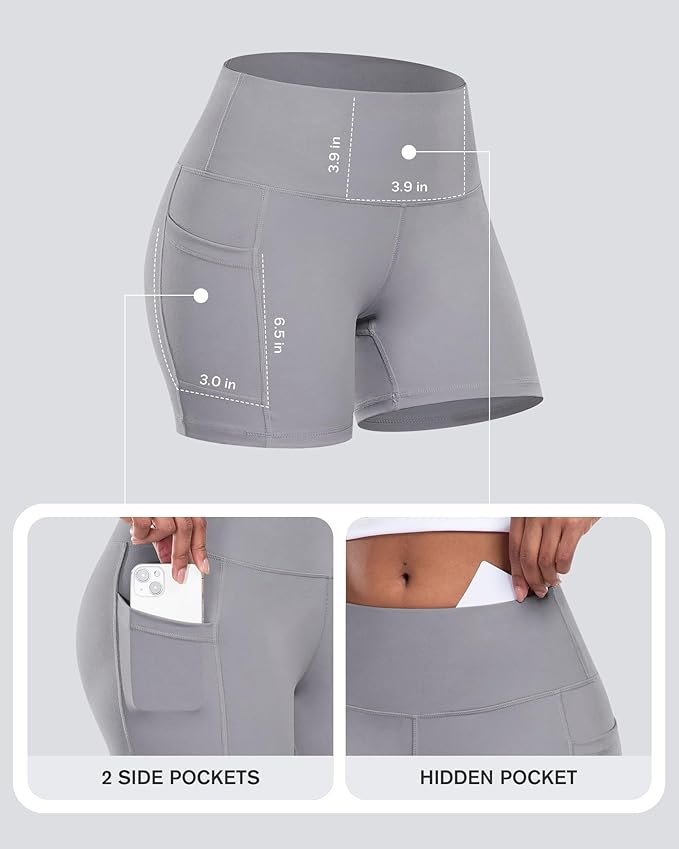 CHRLEISURE Womens Biker Yoga Shorts with Pocket, High Waisted Tummy Control 5 Inch Workout Spandex Athletic Gym Shorts