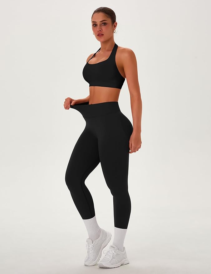 TDIFFUN Women Workout Sets 2 Piece Seamless Scrunch Butt Leggings Padded Halter Sports Bra Matching Set Gym Yoga Outfits