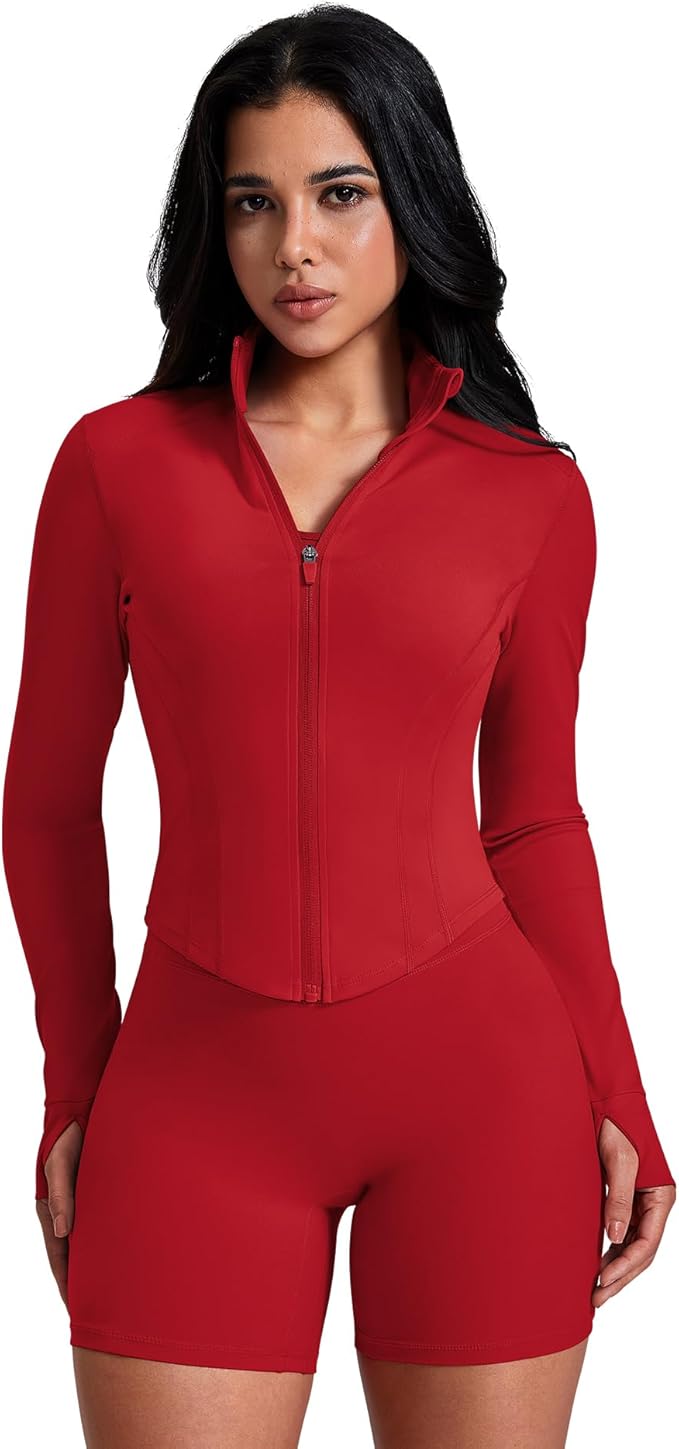 AVGO Women's Workout Jacket Lightweight Zip Up Crop Top Running Sportwear Slim Fit Gym Jackets With Thumb Holes