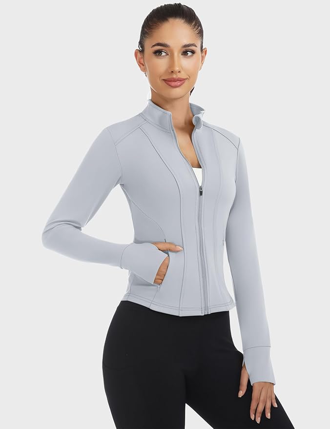 Loovoo Women's Workout Jacket Lightweight Zip Up Athletic Jackets Cropped Slim Fit Running Yoga Tops with Pockets