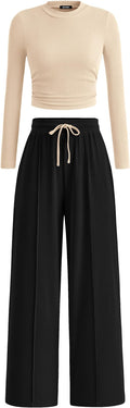 BTFBM Casual 2 Piece Sets For Women Fall Outfits 2026 Ribbed Spring Long Sleeve Crop Top Wide Leg Pants Matching Lounge Set
