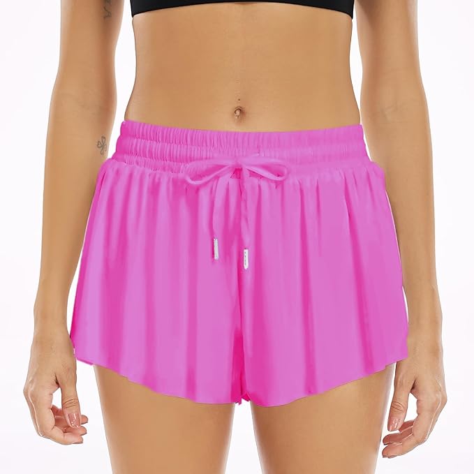 Wsirmet Flowy Shorts for Women Butterfly Shorts 2 in 1 Athletic Workout Gym Biker Running Shorts with Pockets