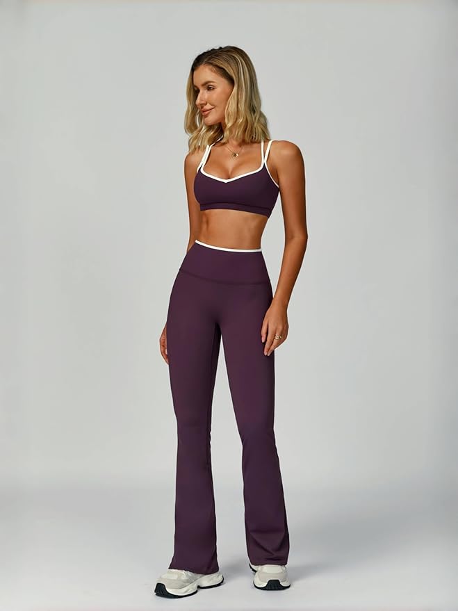 ABOCIW Workout Sets for Women 2 Piece Color Block Strappy Sports Bra High Waist Flare Leggings Gym Yoga Pilates Outfits