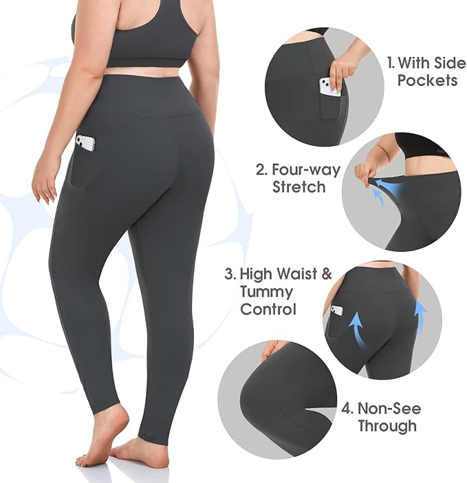 Plus Size Leggings for Women with Pockets-Stretchy XL-5XL Yoga Pants Tummy Control High Waist Workout Leggings