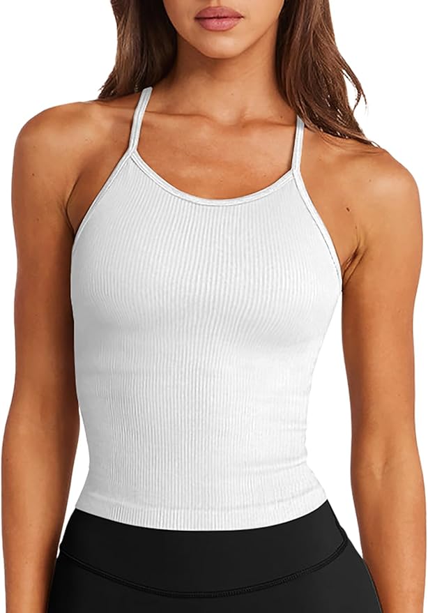 LASLULU Womens Sports Bra Seamless Long Crop Tank Racer Back Spaghetti Strap Workout Yoga Bra Padded Halter Neck Casual Tops