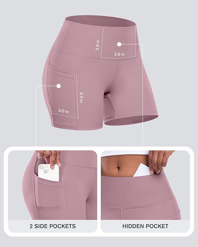 CHRLEISURE Womens Biker Yoga Shorts with Pocket, High Waisted Tummy Control 5 Inch Workout Spandex Athletic Gym Shorts
