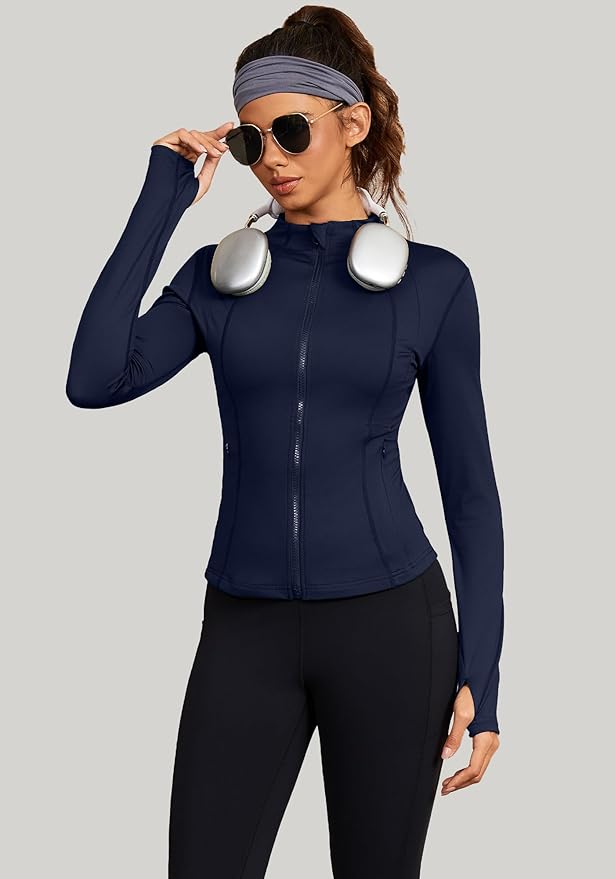 Bosmeer Workout Jackets for Women Lightweight Zip Up Slim Fit Yoga Sportwear Stretchy Crooped Running Jacket with Thumb Holes