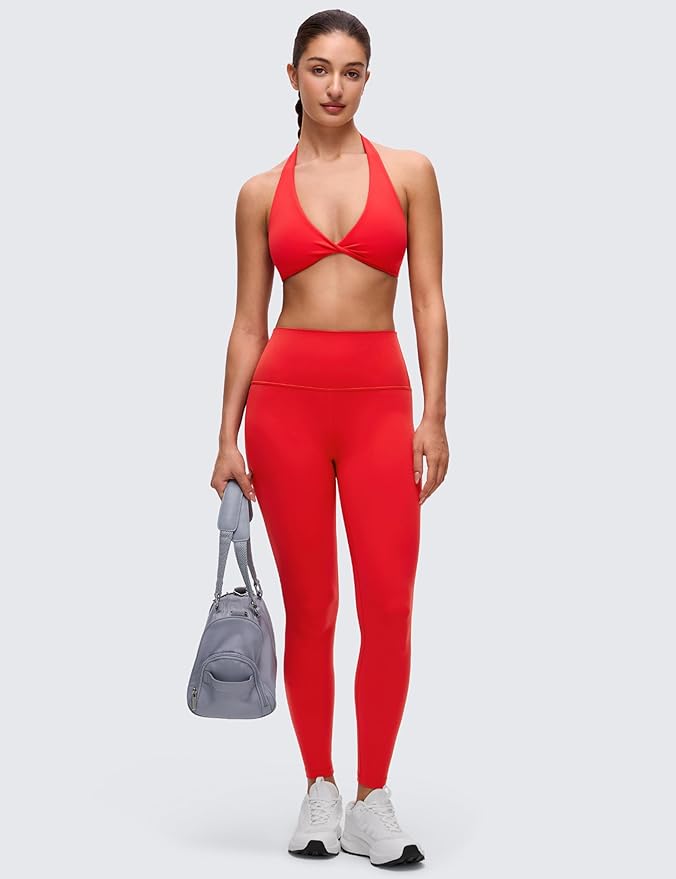 CRZ YOGA Butterluxe Double Lined Twist Halter Sports Bras for Women - Deep V Neck Crop Top Casual Open Back Non Padded