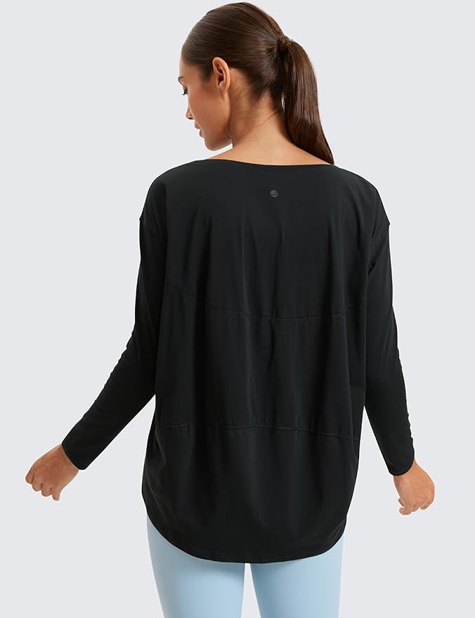 CRZ YOGA Pima Cotton Boat Neck Long Sleeve Shirts for Women - Workout Athletic Yoga Casual Tops Loose Fit Fall T-Shirts