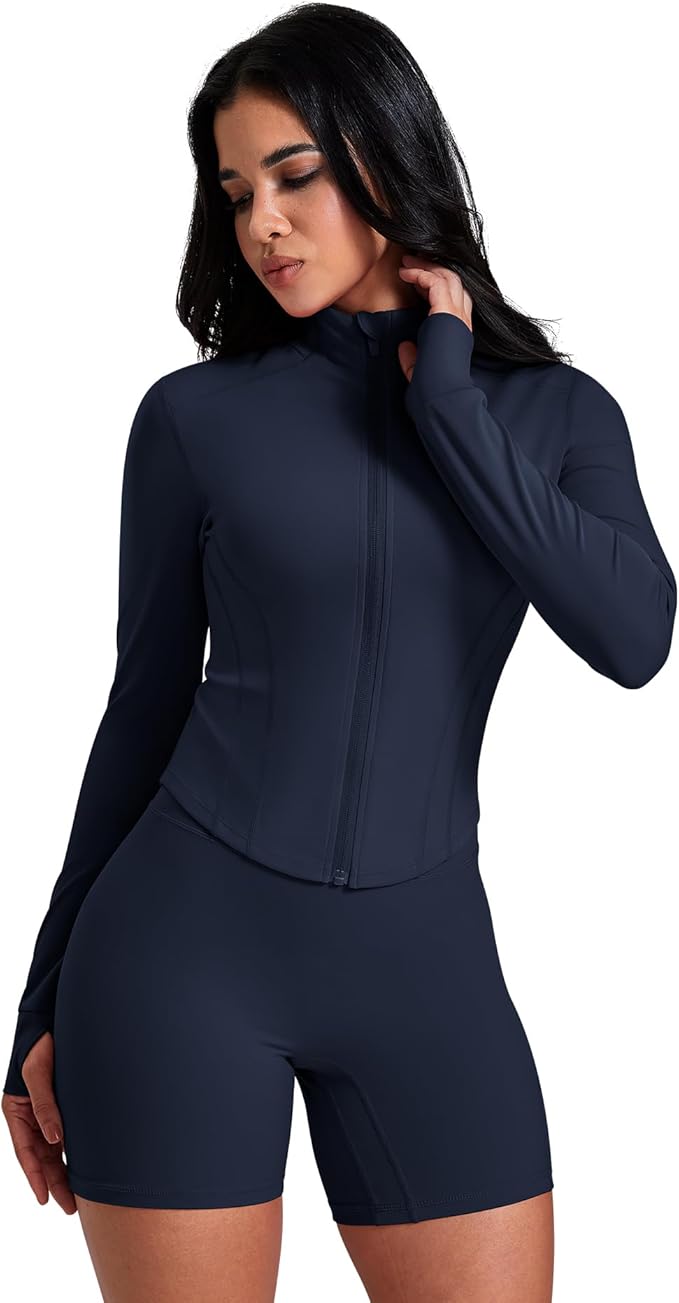 AVGO Women's Workout Jacket Lightweight Zip Up Crop Top Running Sportwear Slim Fit Gym Jackets With Thumb Holes