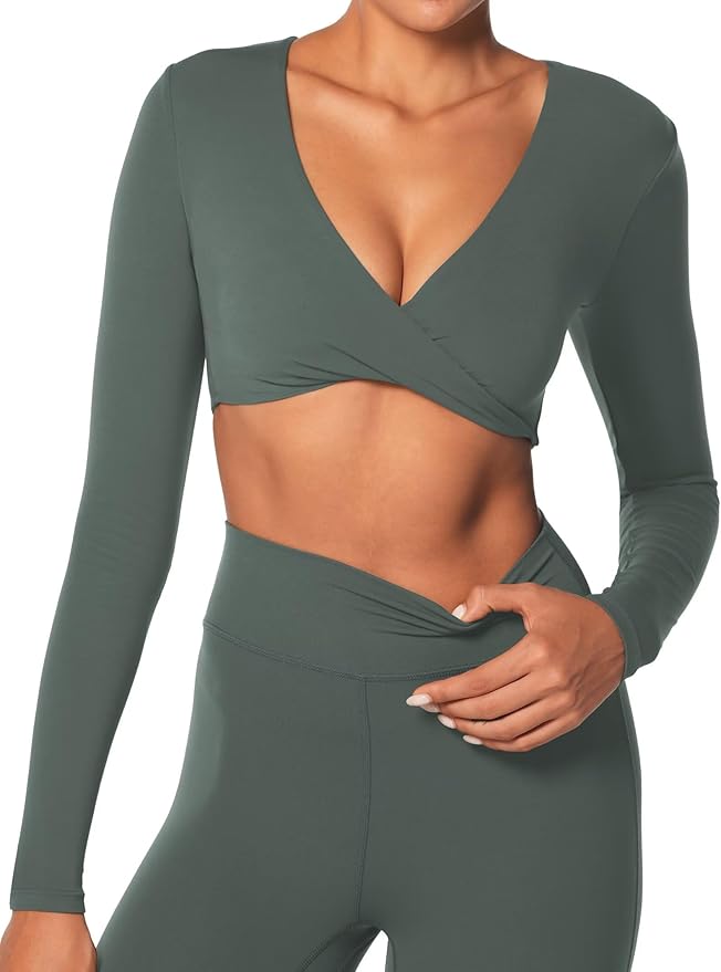 Sunzel Long Sleeve Workout Tops for Women Buttery Soft Deep V Twist Cropped Tops with Compression for Yoga Pilates Gym Outfit