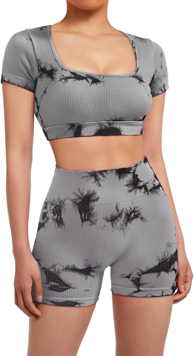 SUUKSESS Womens Workout Sets Open Back Gym Sets Woman Yoga Pilates Crop Tank High Waisted Bike Shorts