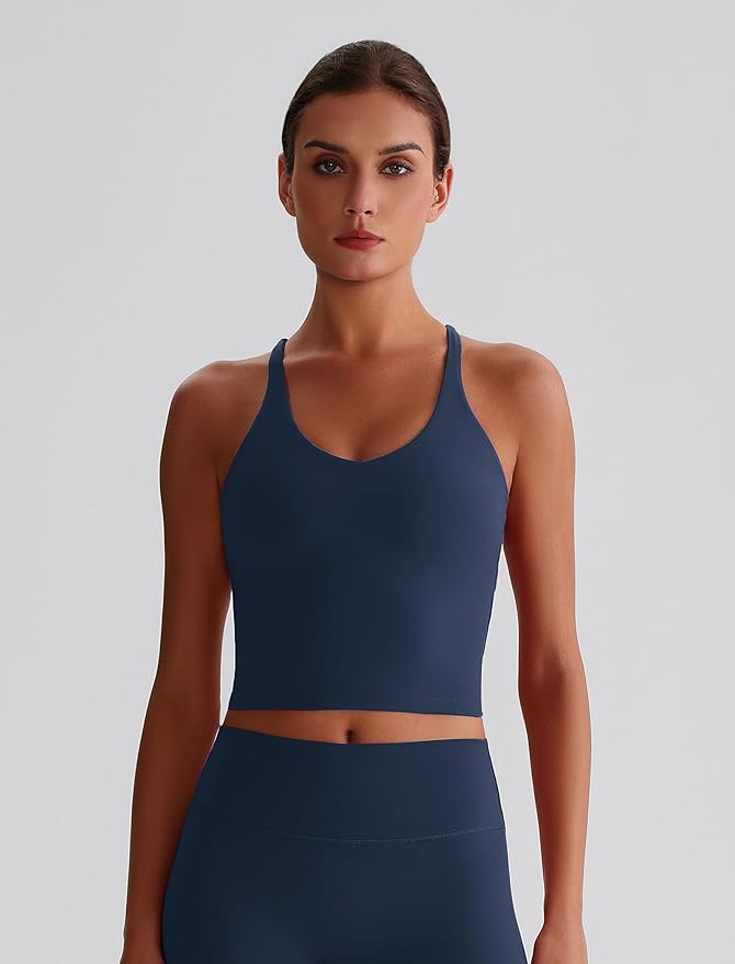 ABOCIW Womens Cross Back Workout Crop Tank with Built in Bra V Neck Longline Sports Bra Gym Shirt Yoga Pilates Top