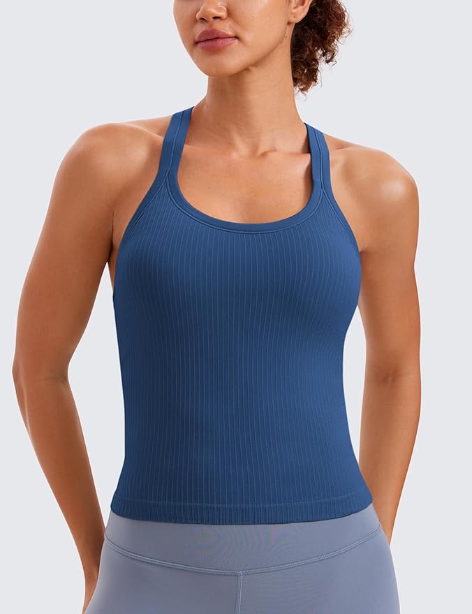 CRZ YOGA Seamless Ribbed Scoop Neck Tank Top for Women - Workout Racerback Padded Athletic Camisole with Built in Bra