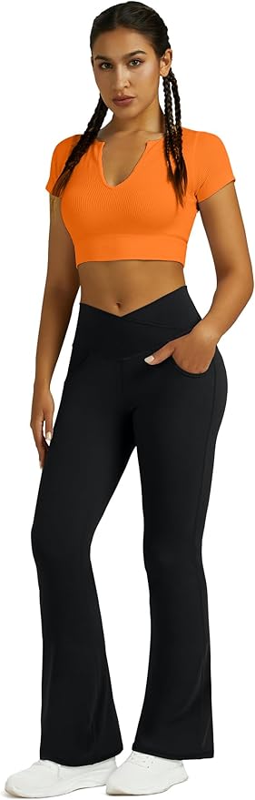 Flare Leggings for Women Yoga Pants with Pockets High Waisted Crossover Flare Leggings Bootcut Casual Yoga Pants