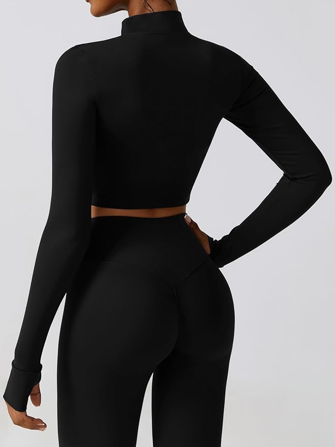 Yknktstc Womens Full Zip Athletic Jacket with Thumbhole Long Sleeve Crop Top Running Workout Yoga Sportswear Shirt