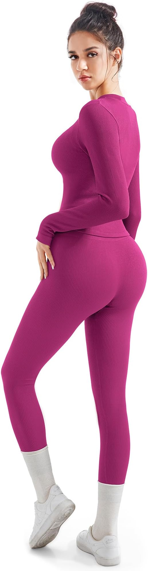 SUUKSESS Women 2 Piece Seamless Ribbed Workout Sets With Zip Up Jacket High Waisted Gym Yoga Leggings