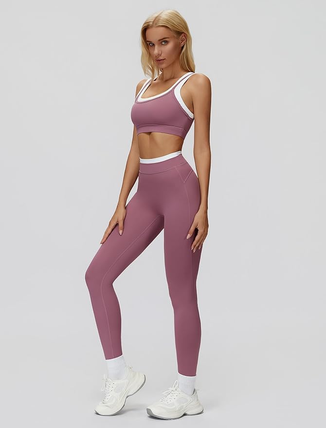 ABOCIW Two Piece Workout Sets for Women Layer Sports Bra Tummy Control High Wait Leggings Gym Yoga Outfits