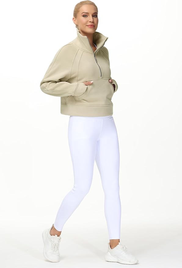 THE GYM PEOPLE Womens' Half Zip Pullover Fleece Stand Collar Crop Sweatshirt with Pockets Thumb Hole