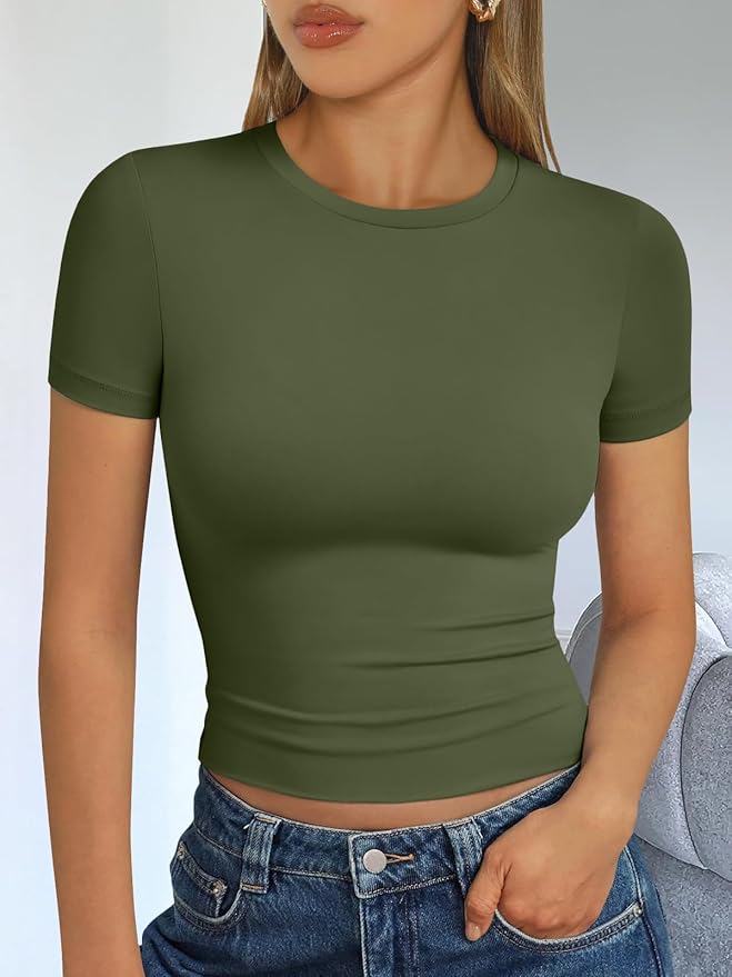 Trendy Queen Womens Short Sleeve T Shirts - Buttery Soft Summer Crop Tops Slim Fit Y2k Basic Tees for Workout