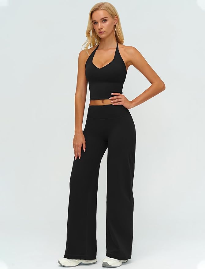 QBGJTD Womens Workout Sets Two Piece Spaghetti Straps Crop Top Matching Straight Leg Pants Gym Work Pilates Outfits