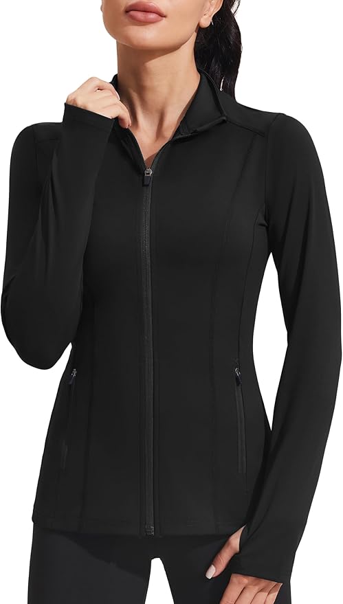 PINSPARK Women's Athletic Jackets Slim Fit Workout Jacket Full Zip Up Running Gym Yoga Sports Tops with Pockets