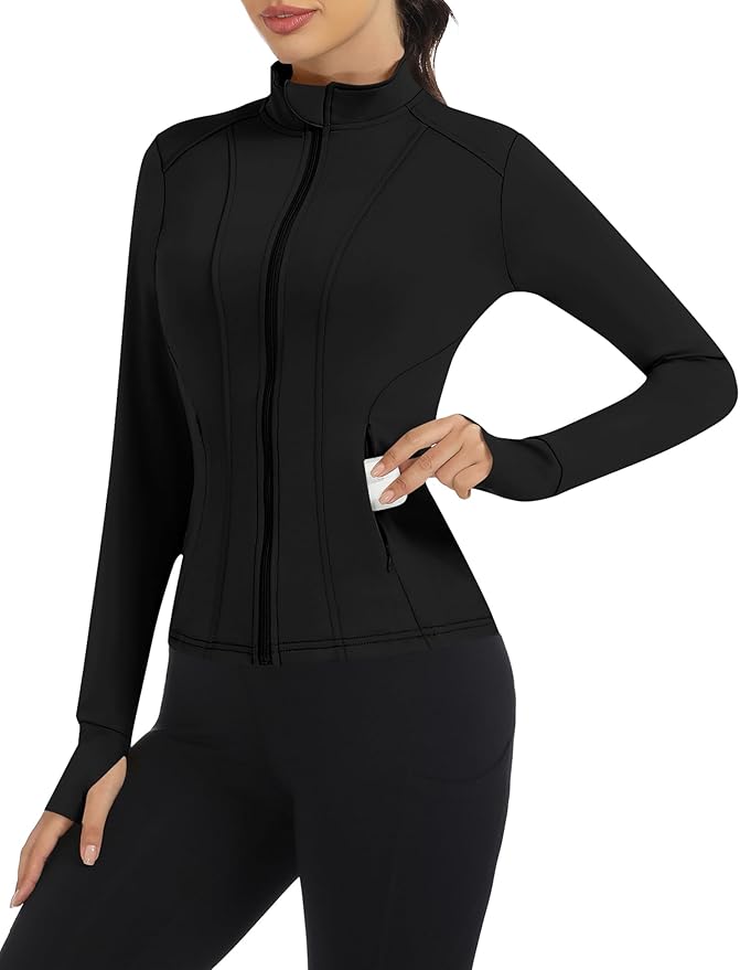 Loovoo Women's Workout Jacket Lightweight Zip Up Athletic Jackets Cropped Slim Fit Running Yoga Tops with Pockets