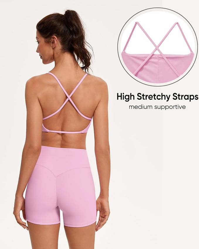 OMKAGI Workout Sets for Women Open Back Strappy Sports Bra Booty Biker Shorts Gym Outfits