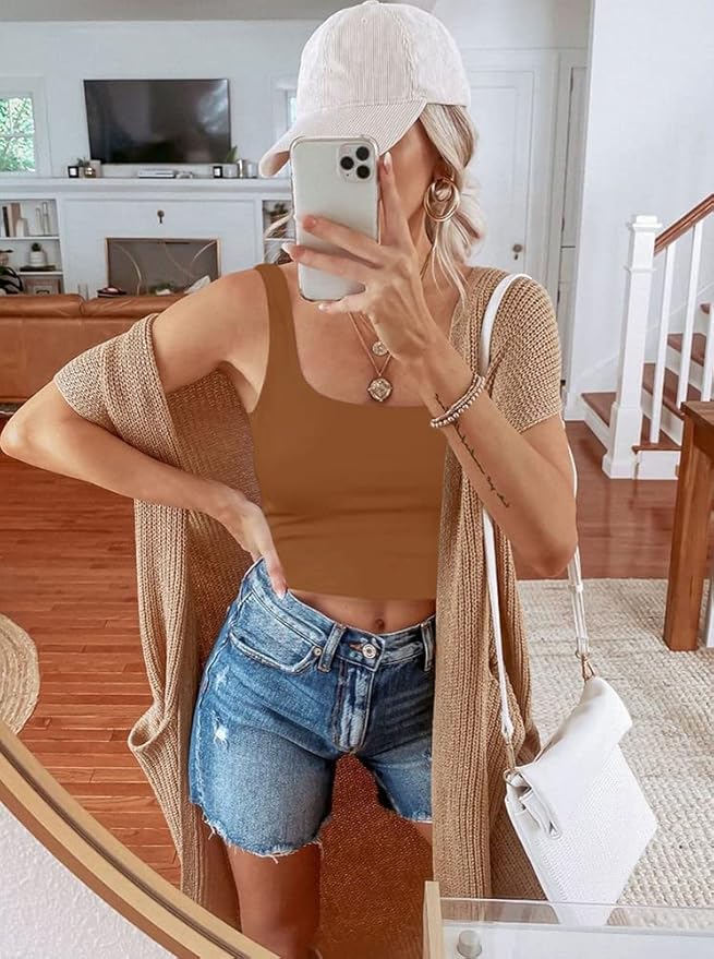 REORIA Women’s Sexy Square Neck Double Lined Seamless Sleeveless Cropped Tank Yoga Crop Basic Tops