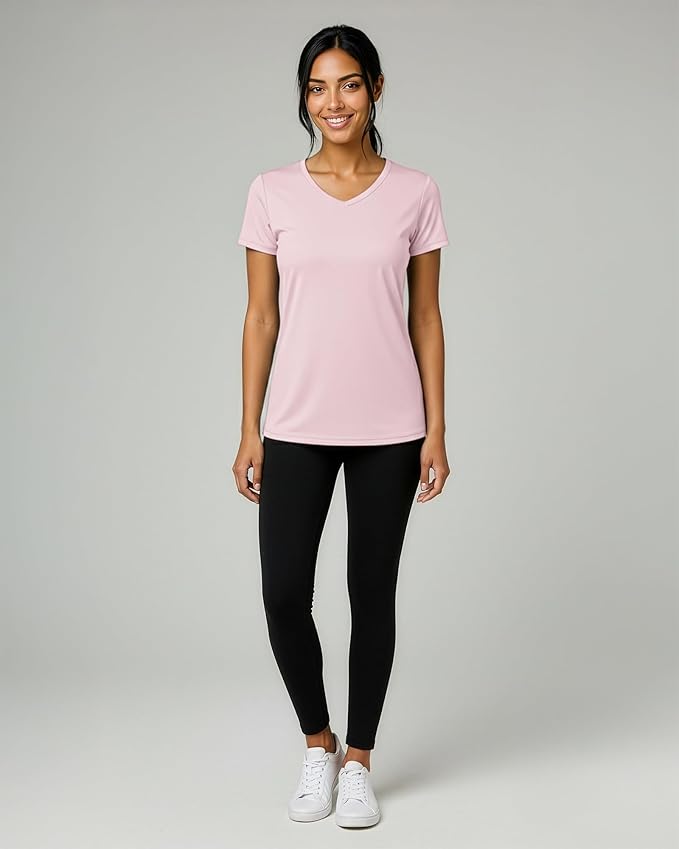 Real Essentials 5 Pack: Women's Dry-Fit Short Sleeve V Neck T Shirt Workout Fitness Yoga Top Tee (Available in Plus Size)