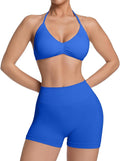 Comper 2 Piece Workout Sets for Women Halter Strappy Sports Bra with Seamless Ribbed Gym Yoga shorts Outfits