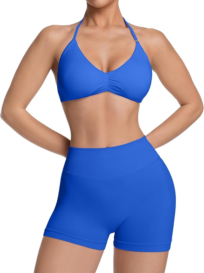 Comper 2 Piece Workout Sets for Women Halter Strappy Sports Bra with Seamless Ribbed Gym Yoga shorts Outfits