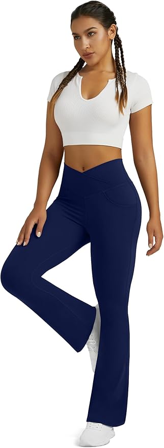 Flare Leggings for Women Yoga Pants with Pockets High Waisted Crossover Flare Leggings Bootcut Casual Yoga Pants