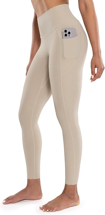 ENERBLOOM Workout Leggings with Pockets for Women High Waist Yoga Pants 25"/28" Cream Soft Lightweight Athletic Gym Tights