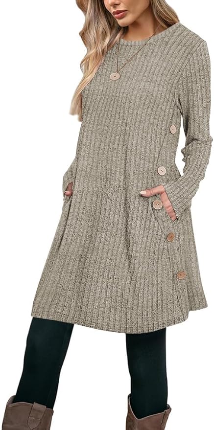 Poetsky Women Long Sleeve Tunic Tops to Wear with Leggings Side Buttons Long Shirts Rib Sweater Dress with Pockets S-3XL